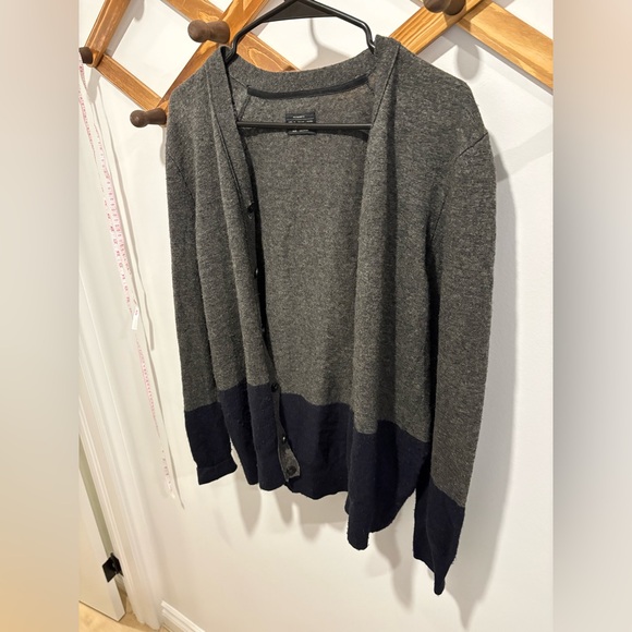 AllSaints men's grey and navy color-block merino wool open-front cardigan. - Picture 3 of 8